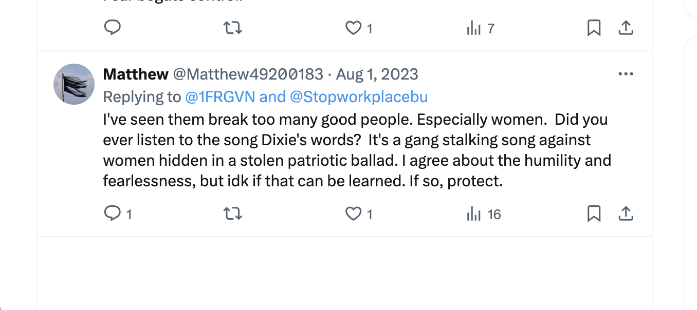 Matthew's first tweet about gang stalking